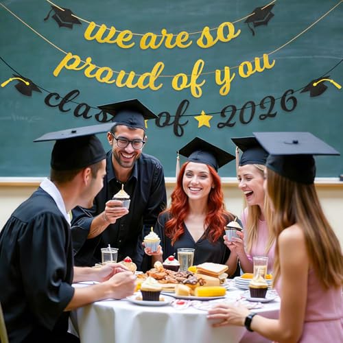 Image of Graduation Banner, Class of 2026 Pre-Strung Black Gold Glitter Banners We Are So Proud of You Graduation Garland for Congratulation Graduations School Home Party Decorations