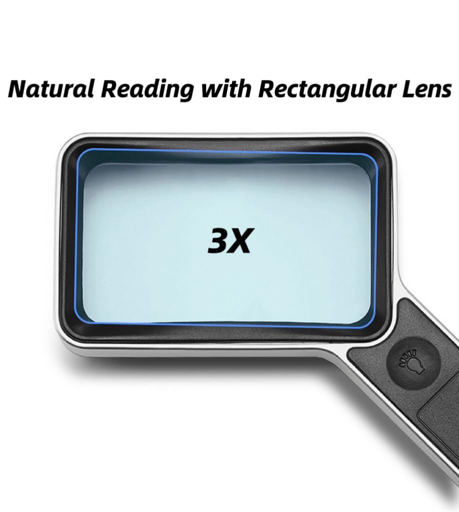 Handheld Magnifying Glass with Light, 3X Rechargeable Rectangle Magnifier with Dimmable 6 LEDs for Reading Small Fonts, Crafts, Low Visions, Seniors