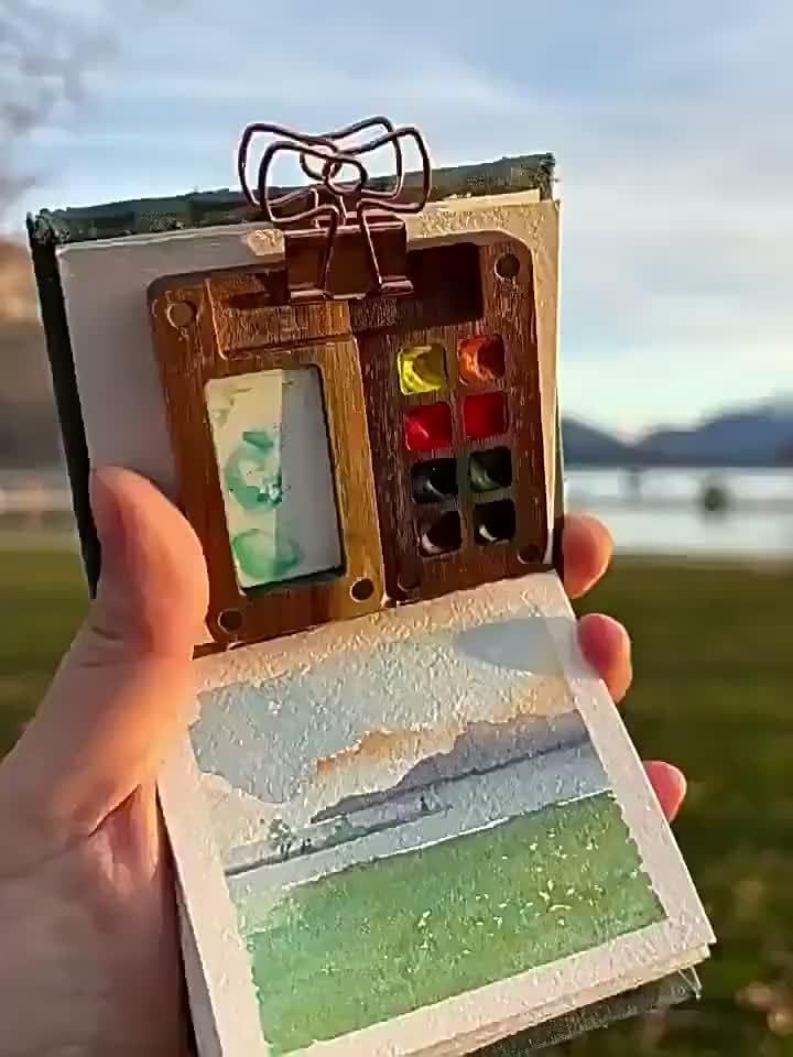 Compact Travel Watercolor Palette Pocket Set - This Set Includes a Portable Wooden Palette with 8 Compartments, a 12-Color Paint Box, a Portable Outdoor Sketch Palette, a Wooden Grid Box