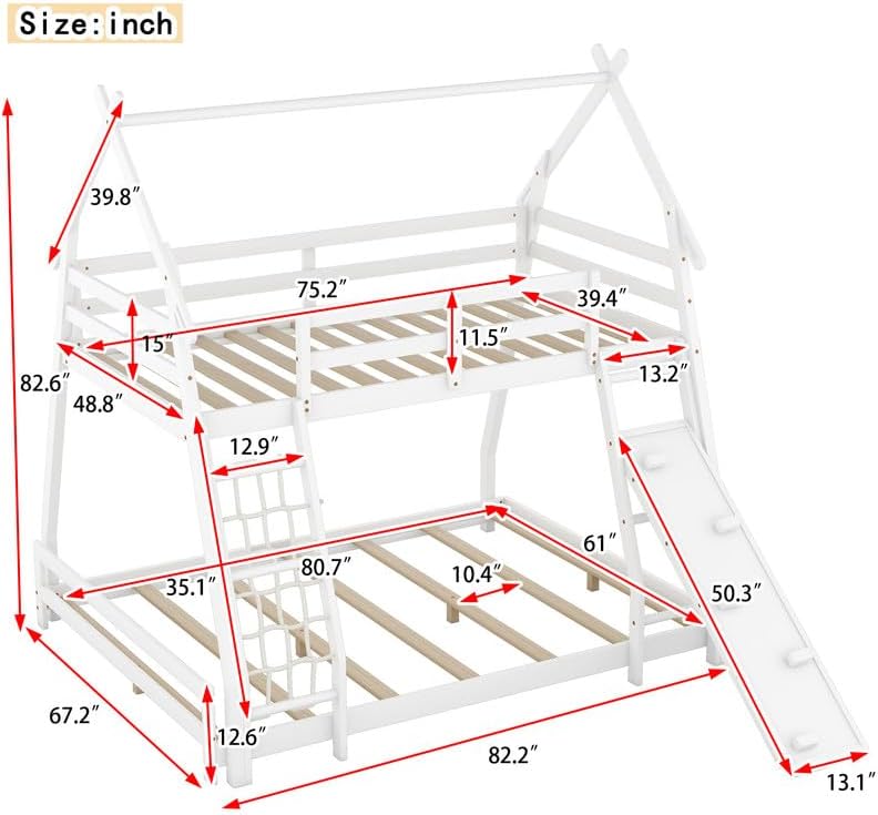 Twin Over Queen House Bunk Bed with Climbing Nets and Climbing Ramp, Stylish Solid Wood House Bunk Bed Frame with Roof, Fence and Slide, No Box Spring Needed, White