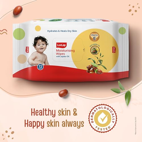 Image of LuvLap Moisturising Wet Wipes without Lid For Baby Skin, Enriched With Jojoba Oil & Vitamin E, pH Balanced, Dermatologically Safe, Paraben & Sulphate Free, 72 Wipes, pack of 12