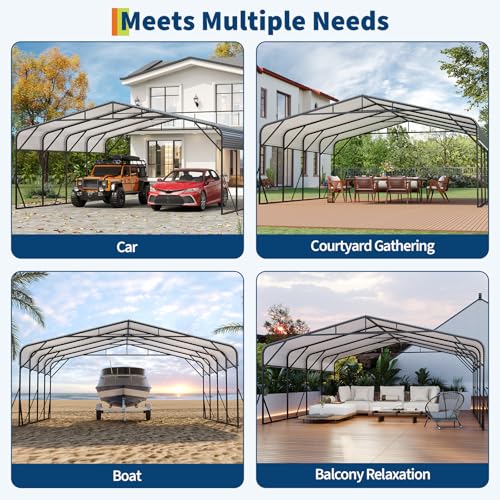 Image of GAOMON Metal Carport, Carport with Reinforced Base and Galvanized Steel Roof, Heavy Duty Garage Car Shelter Shade, Outdoor Car Port Canopy for SUV, Truck, Boats, 20x20 FT