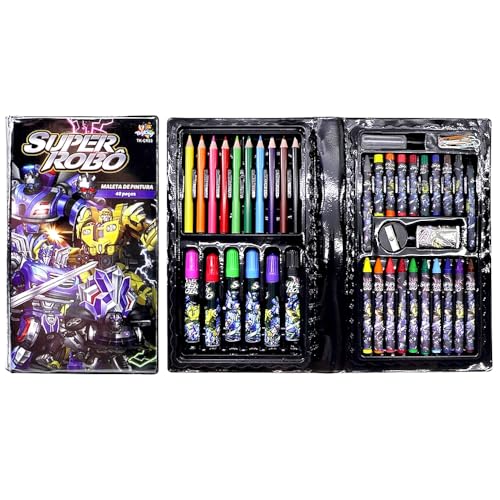 Kit Colorir Maleta Super Robôs Lápis Giz e Acessórios 48 Peças Kit de Pintura