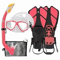 Kids Snorkeling Set with Fins Anti Leak Snorkeling Gear for Kids with Adjustable Flippers, Youth Junior Full Dry Snorkel Set Swimming Goggles with Nose Cover Diving Mask Scuba with Bag, 5-14 Yrs