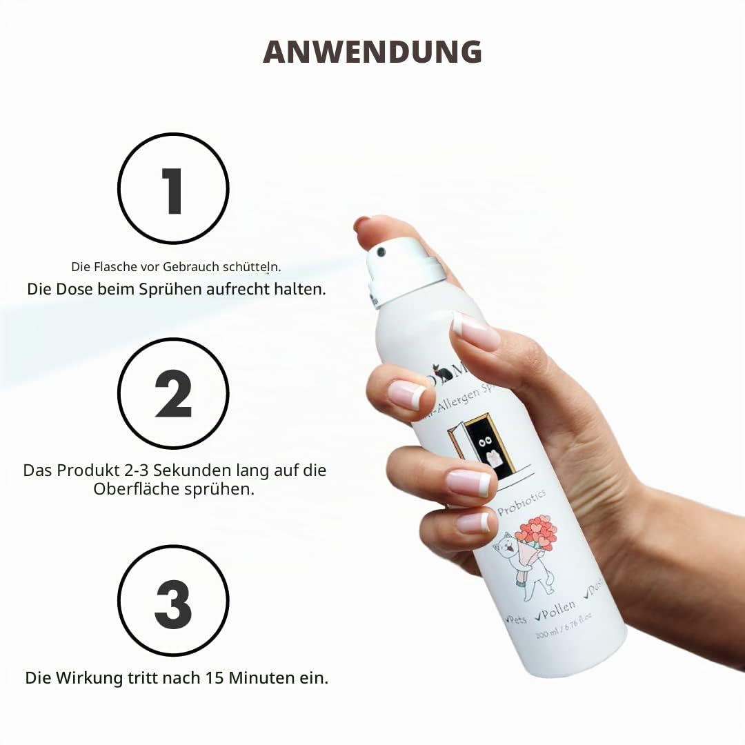 Probiotisches Anti-Allergie-Spray für Katzenbesitzer 200 ml — Neutralisiert das Fel-d-1-Allergen auf Teppichen, Sofas und Betten — Sicher für Katzen, Hunde und Kinder — Biotech-Probiotikum