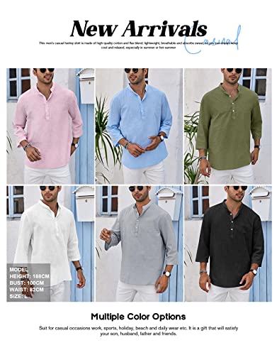 Ryannology Mens Linen Shirts Henley 3/4 Sleeve Casual Cotton T-Shirt Regular-Fit Lightweight Beach Yoga Tunic Tops #TOP3
