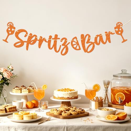 Qttier Spritz Bar Banner - Spritz Themed Birthday Decorations - Orange Party Decorations - Orange Glitter