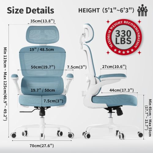 Image of TRALT Ergonomic Office Chair - Desk Chair with Adjustable Headrest Lumbar Support Computer Chair - Mesh Comfy Chair with Flip-up Armrests - Gaming Chairs for Adults Home Office (PU Leather, Blue)