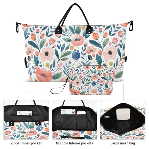 Pink Floral Flower Travel Duffle Bag,Large Weekender Travel Bag for Women Men Waterproof Luggage Bag with Trolley Sleeve,Airplane Travel Essentials for Flying2
