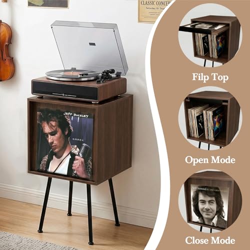 Image of Faesun Flip Top Record Player Stand, End Table Holds up to 100 Albums, Turntable Stand with Record Display, Vinyl Record Storage for Living Room, Bedroom, Walnut