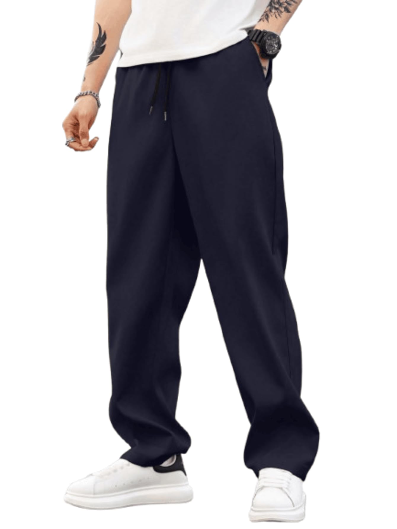 mulvari MULAVRI Solid Drawstring Relexed Fit Modern Straight Leg Pants for Men's-picture-39