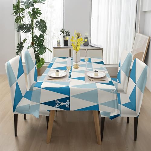 Image of Amazon Basics Dining Table Cover with 6 Chair Covers|Table Cover: 100% Polyester Woven Fabric 140 GSM, 220Cm X 140Cm|Chair Cover: 95% Polyester & 5% Spandex 110 GSM, 50Cm X 40Cm|Sky Blue, Rectangular