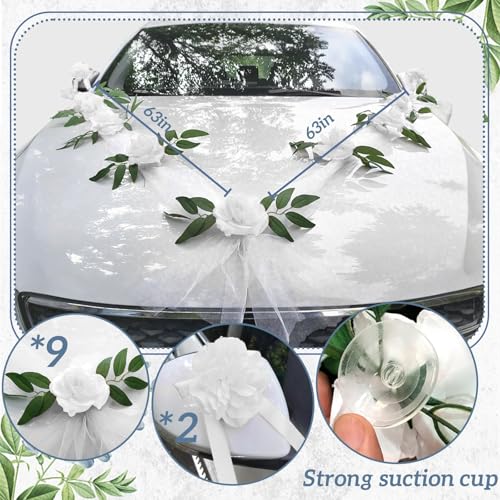 Image of Just Married Car Decorations Kit Wedding Car Decor with Artificial White Roses Banner Flower Vine Tulle Ribbon Sign Stickers Getaway Car Accessories for Bride and Groom Send Off SUV Truck