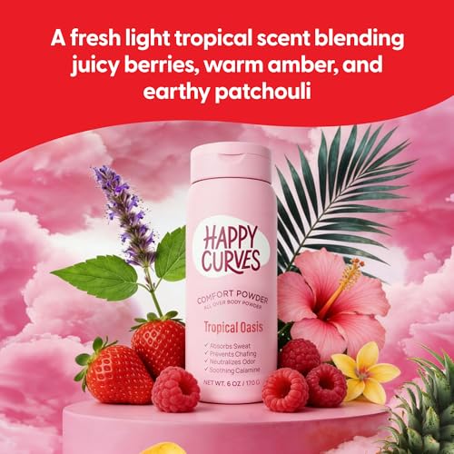 Image of HAPPY CURVES Comfort Powder: Talc Free Anti Chafe Body & Foot Dusting Powder Deodorant to Control Inner Thigh Chafing, and Private Areas 6oz (Pack of 1) - Tropical Oasis