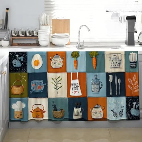 Image of Premium Printed Kitchen Sink Curtain | Washable & Dustproof Rod Pocket Counter Skirt | Perfect for Any Sink,Counter | Multicolor Cooking Theme for Home & Kitchen (150cm X 70cm) (1, Kitli)