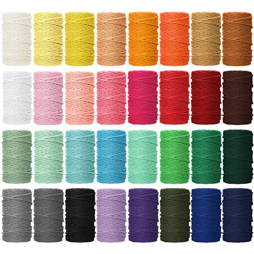 Kenning 32 Rolls Macrame Cord 4 Strand 3 MM x 1760 Yards Natural Cotton Rope Bulk Colored Cotton Craft Cord DIY Twine Colorful Macrame String for Knitting Gift Wrapping Wall Hanging(Colorful)