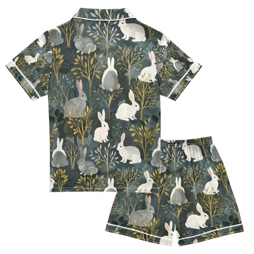 senya Cute Rabbit Tree Satin Summer Pajama Sets Silk Short Sleeve Button Down Sleepwear2