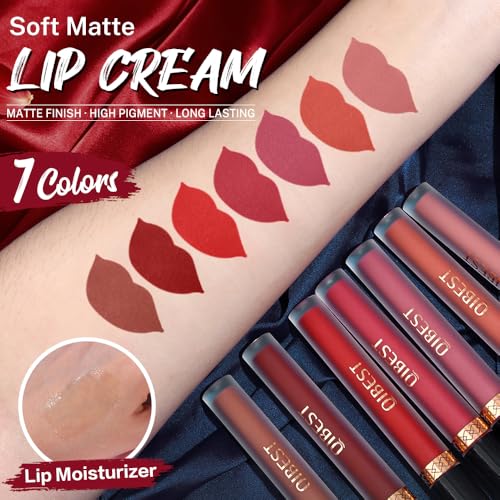 QiBest 7Pcs Matte Liquid Lipstick + 1Pcs Lip Plumper Makeup Set Kit, Pigmented Long Lasting Lip Gloss Set, Velvet Waterproof Halloween Lip Makeup Valentine's Day Gift Sets for Girls and Women