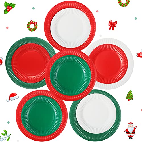 Zopeal 60 Pcs Christmas Disposable Party Paper Plates Bulk 7 Inch And 9 Inch Round Dessert Plates Festive Green White Red Paper Plates Colored Disposable Plates For Christmas Home Party Favor #TOP8