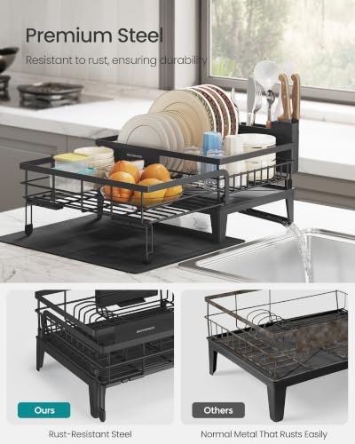 Image of SONGMICS Dish Drying Rack, Kitchen Dish Rack with Drainboard, 360 Rotatable and Extendable Spout, with Cutlery Holder, 23.9 x 16.8 x 8.9 Inches, Ink Black UKCS552B01