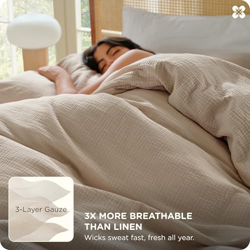 Image of Bedsure PureWoven 100% Cotton Muslin Duvet Cover Queen Size 3-Layer Gauze