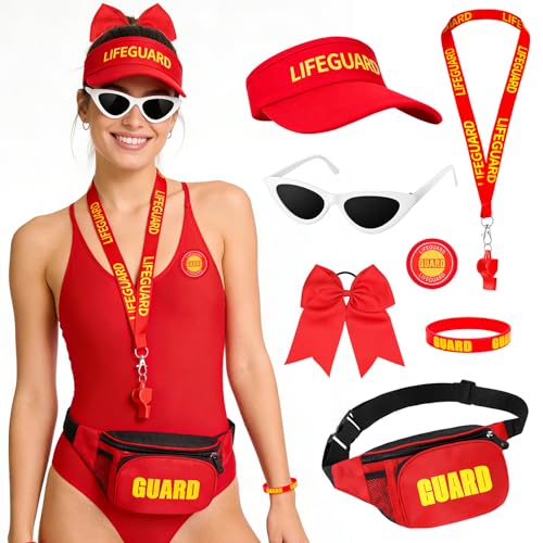 SelfTek Lot De 7 Costumes Baywatch Lifeguard Pour Homme Et Femme - Costume De Sauveteur Avec Chapeau Baywatch, Bouclier, Sac De Ceinture, Lunettes De Soleil,...