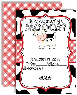 Heard The Moos Red Cow-Themed Birthday Party Invitations for Kids, 20 5"x7" Fill