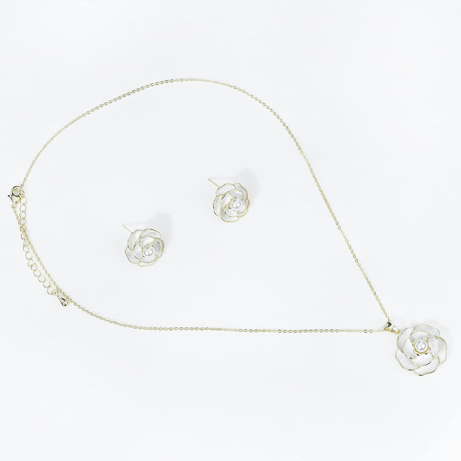 Enamel Pearl Camellia Flower Necklace Earrings Set for Women Rose Charm Pendant Necklace Sterling Silver Earrings - Image 4