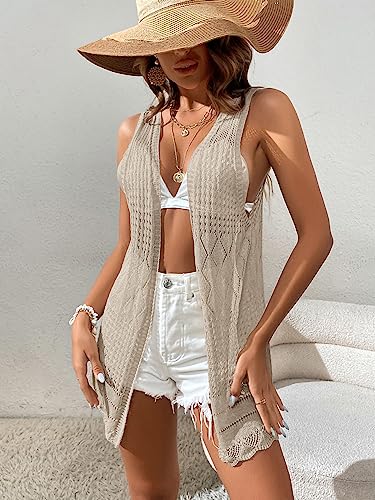 Verdusa Women's Sleeveless Hollow Out Knit Crochet Vest Cardigan Kimono Coat White S #TOP2