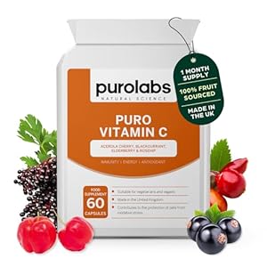 Purolabs Wholefood Vitamin C Supplement – Natural Complex from Acerola Cherry, Rosehip, Blackcurrant & Elderberry – High Strength Immune Support – 60 Capsules – Vegan