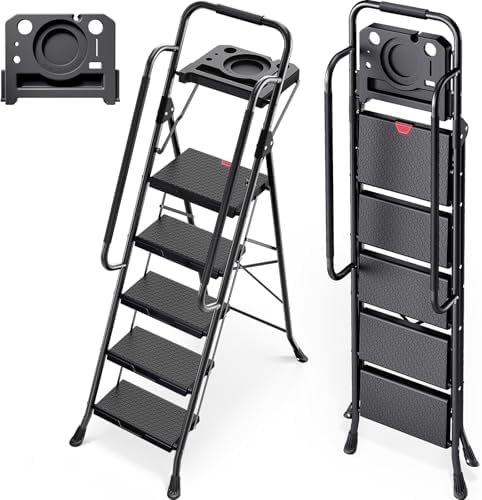 Step Ladder 5 Step Folding with Handrails, 800 LBS Capacity, Portable ...