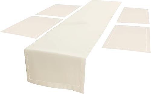 Encasa Homes - Juego de comedor (4 manteles individuales + 1 camino de mesa), natural, con dobladillo de algodón, paño decorativo para fiestas,