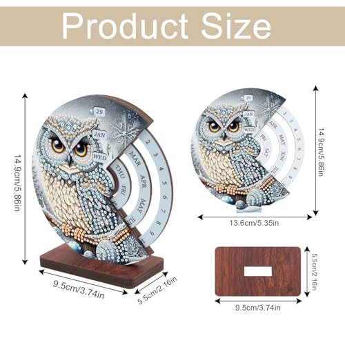 Image of 3D Diamond Art Tabletop Calendar Kit, DIY Wooden Perpetual Desk Ornament with Snow Owl Design, Sparkling Diamond Painting Craft for Winter Desktop Decoration