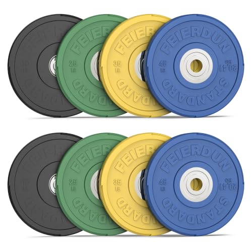 Image of FEIERDUN Color Bumper Plate Set, 2-Inch Olympic Weight Plates, Low Bounce Rubber Barbell Plates with Stainless Steel Insert for Weightlifting, Strength Training, CrossFit & Home Gym, 10LB-370LB