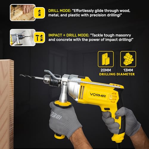 Image of IBELL VORMIR VRID13-30 Impact Drill -13mm Keyless Chuck,1100W Electric Drill, 0-3000 RPM Variable Speed, Forward /Reverse, Hammer & Rotary Function, DIY Home & Professional Power Tool-1 Year Warranty