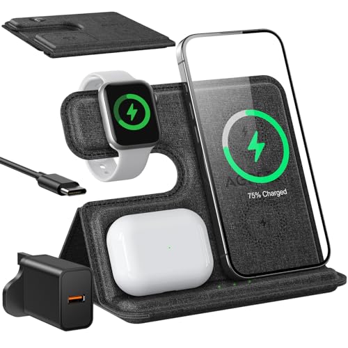 AGPTEK 3 in 1 Wireless Charging Station, Foldable Travel Wireless Charger Anti-Slip Compatible with iPhone 15/14/13/12/11/XR/XS/X/8, for Samsung S24/S23/S22/S21/S20, iWatch 2-9/AirPods, 18W Adapter