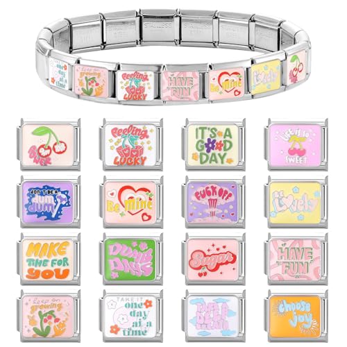 papasgix Custom Italian Charm Bracelet Charms Silver Set 10 Personalized Stainless Steel Charm Brascelets 9mm Assorted Italian Charms Bracelet Links Handmade DIY Jewelry Flowers Words Moon Pink2