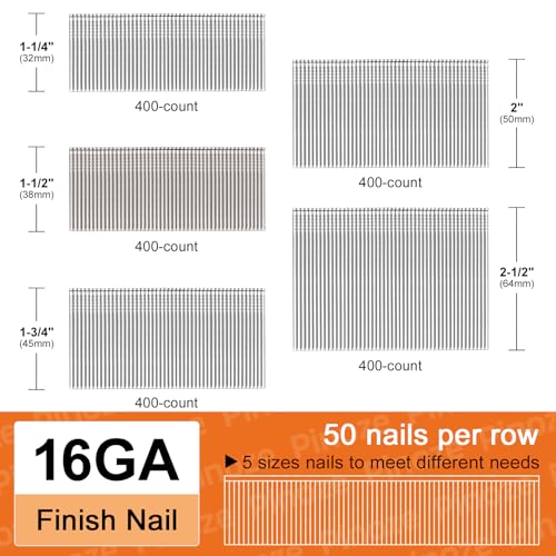 Image of PINOZE 16 Gauge Finish Nails, 2000-Count (2-1 /2 inch, 2 inch, 1-3 /4 inch, 1-1 /2 inch, 1-1 /4 inch) 16GA Galvanized Straight Finishing Nails Assorted Size for Framing Nail Gun Pneumatic, Electric Finish Nailer