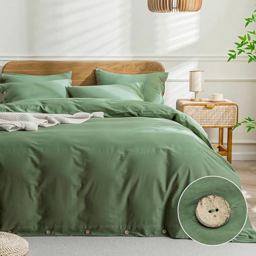 JELLYMONI Cotton Duvet Cover Queen Size - Green Comforter Cover with Button 100% Washed Cotton 3PCS...