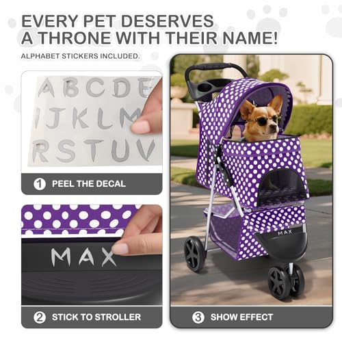 Image of MoNiBloom 3 Wheels Pet Dog Cat Stroller for Small Medium Dogs Cats, Foldable Jogger Stroller w /Storage Basket and Cup Holder, Purple Polka Dots