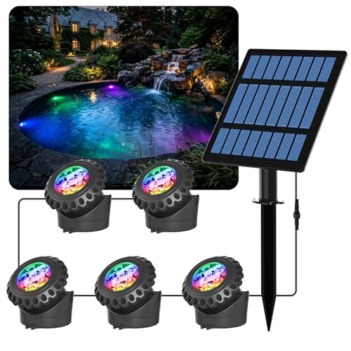 T-SUN Lampes Solaires de Bassin Led Submersible Solaireavec 2 Modes Lumière Submersible Réglable,6 Couleurs,Étanchéité IP68,Marche/Arrêt...