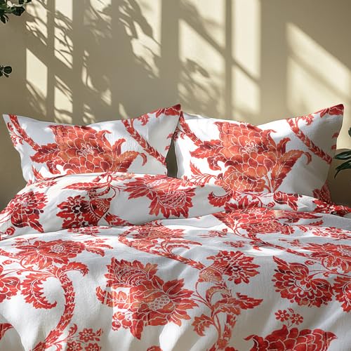 Image of LANE LINEN 210TC Cotton Bedsheet Set Super King - Pack of 2 (6-Piece) | 2 Bedsheets & 4 Pillow Covers | Soft, Breathable, Digital Print - Floral Red & Abstract Blue