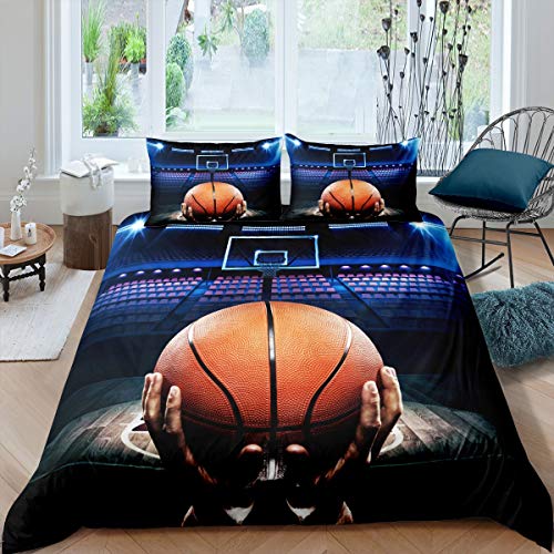 Loussiesd Sports Basketball Comforter Cover Set Basketball Court Duvet Cover Kids Boys Adults 3D Basketball Pattern Bedding Set Basketball League Bedspread Cover with 2 Pillowcase 3Pcs Bedding Double