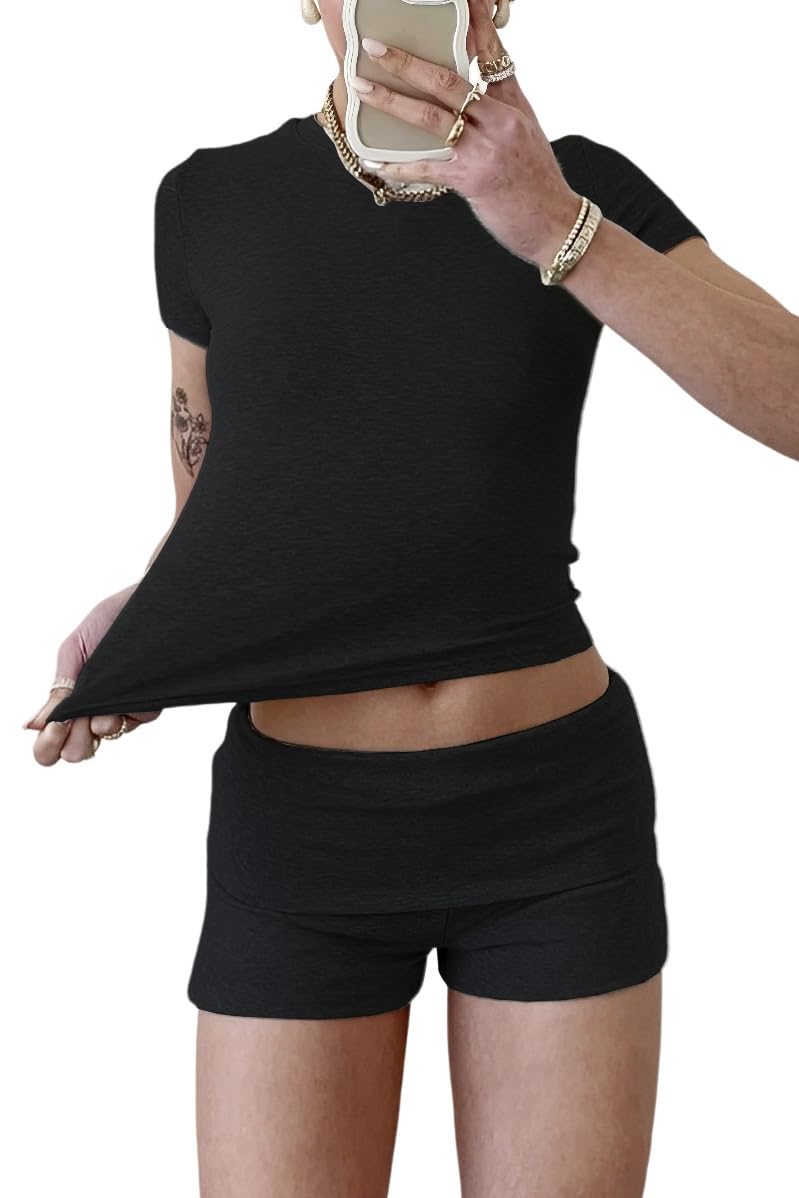 YETOWA Women's Casual Workout Two Piece Outfits Slim Short Sleeve Low Waist Foldover Shorts Tracksuit Sets Streetwear