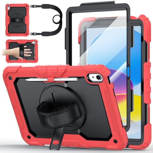Case for iPad (A16) 11th Generation 11 Inch (2025), Ubearkk for iPad 10th Generation 10.9 inch 2022 case with Screen Protector, 360 Degree Rotating Stand/Adjustable Shoulder Strap/Pencil Holder, Red