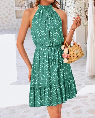 Image of BTFBM Women Halter Neck Summer Dresses 2025 Spring Casual Sleeveless Floral Polka Dot Ruffle Mini Boho Beach Sun Dress