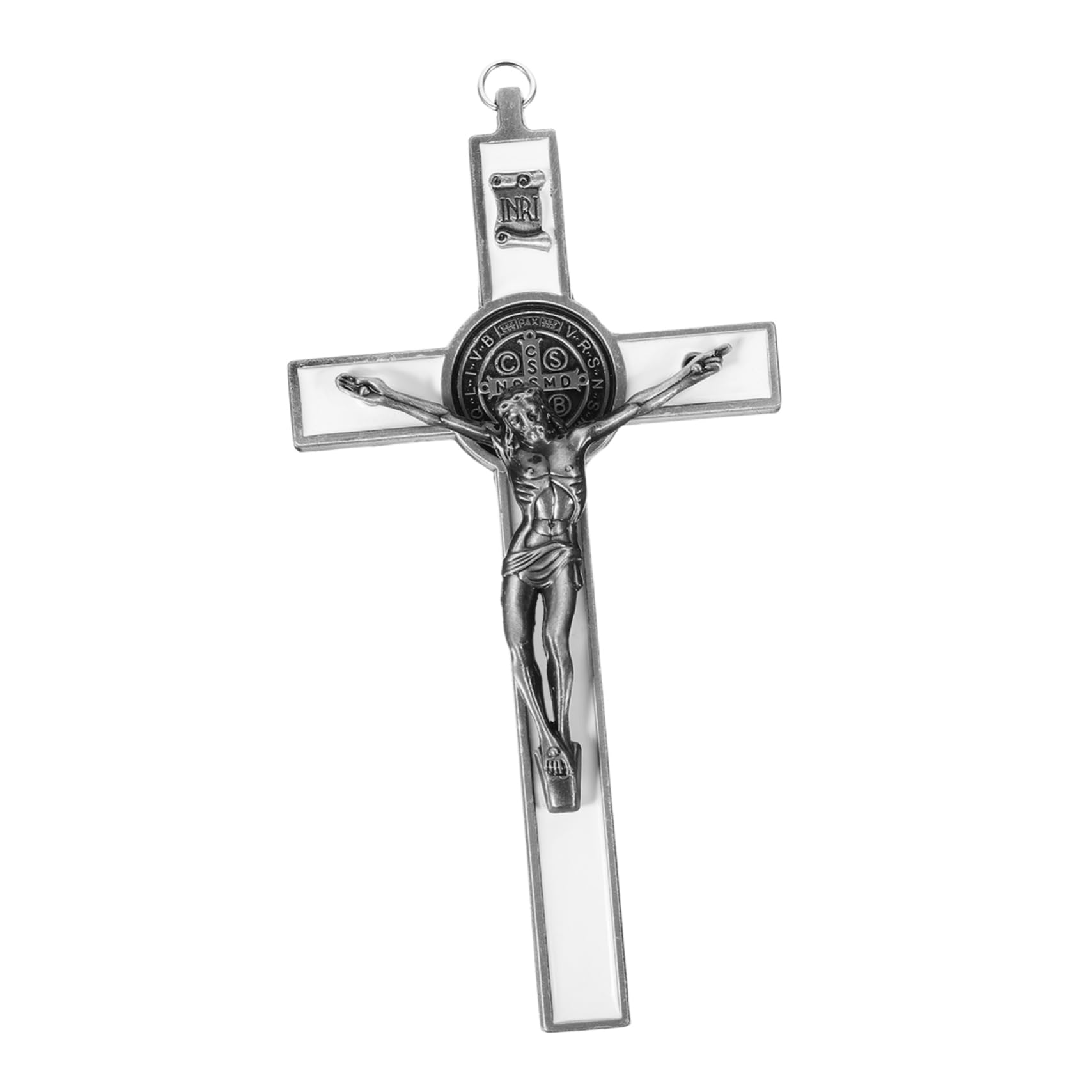 Cabilock Metalowy Krzyż Ścienny Vintage z Jezusem Kolorze Srebrnym Klasyczna Dekoracja Religijna Do Domu i Biura Inspirujący Prezent Katolicki Ozdoba Ścian i Drzwi