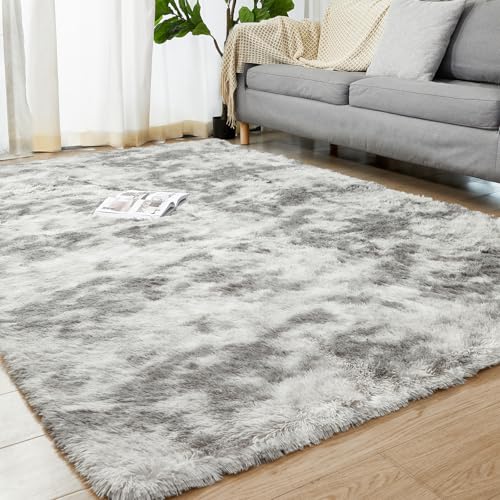 Humube 5x7 Shag Area Rugs for Bedroom, Indoor Shaggy Rugs for Living Room, Anti-Slip Fluffy Fuzzy Furry Plush Rugs for Kids Girls Room, Tie-Dyed Light Grey