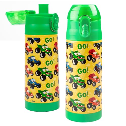 Image of Bentology Stainless Steel 13 Oz Reusable Water Bottle Kids, Monster Truck | Double Wall Insulated, Spill Proof Lid W /Built-in Straw- Keep Liquids Hot or Cold- Easily Fits in Lunch Boxes & Bags