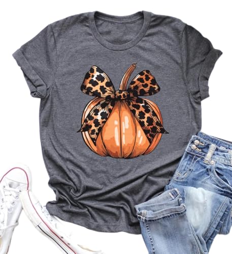 Fall Shirts for Women Pumpkin with Leopard Coquette Bow Casual Graphic Tops Halloween Shirts Cute Tee